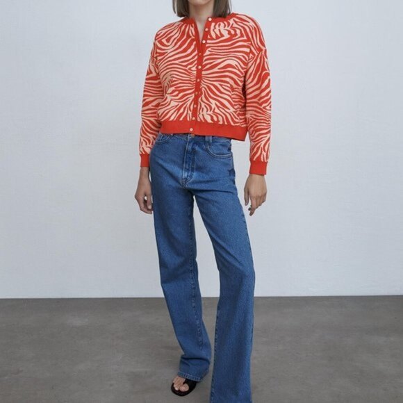 Zara Orange and White Animal Print Long Sleeve Button Cardigan Sweater (NWT) - Picture 1 of 6